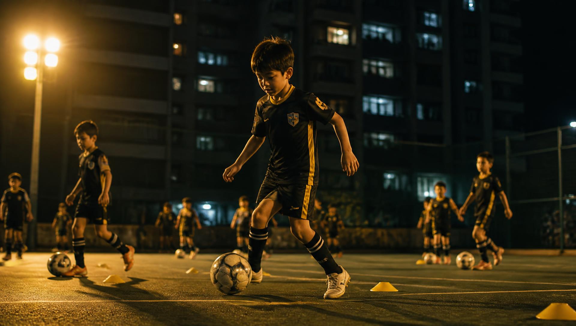 Crianças treinando futebol em quadra iluminada de condomínio